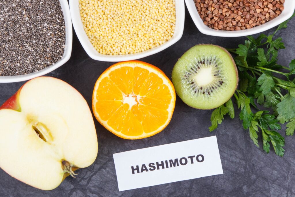 Inscription hashimoto with products and ingredients as source vitamins for healthy thyroid