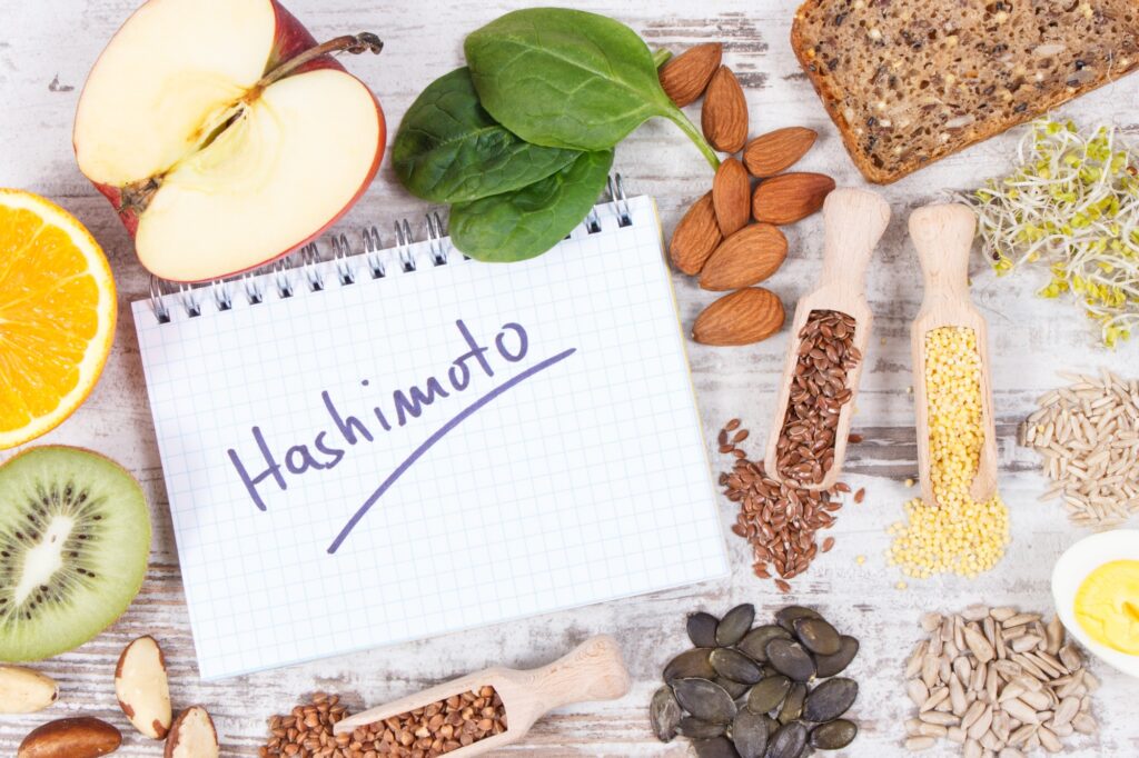 Nutritious ingredients and inscription hashimoto. Healthy food containing vitamins