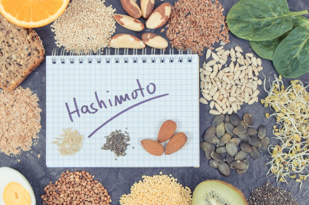 Nutritious ingredients and inscription hashimoto. Healthy food containing vitamins