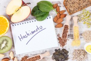 Nutritious ingredients and inscription hashimoto. Healthy food containing vitamins